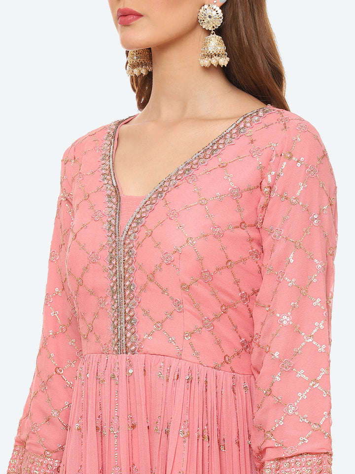 Sequin Work Georgette Anarkali Kurta With Churidar &amp; Net Dupatta