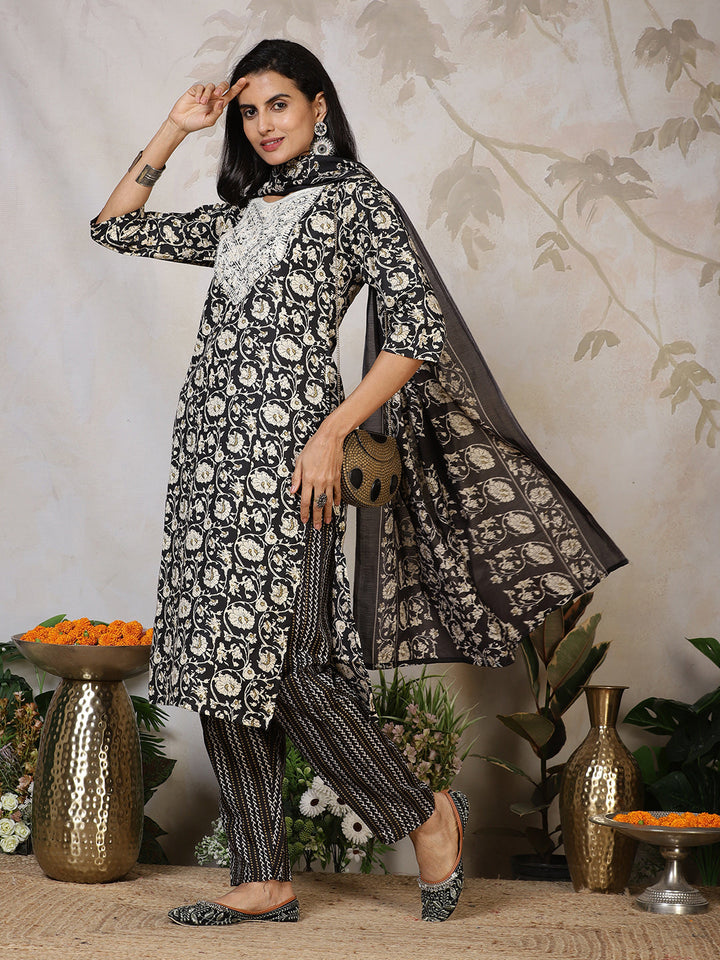 Printed Cotton Blend Kurta With Pants &amp; Dupatta