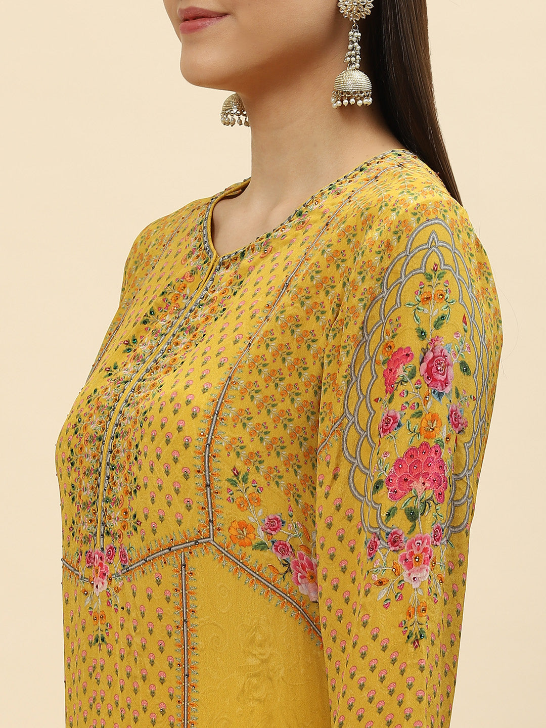 Floral Digital Printed Crepe Kurta With Sharara &amp; Net Dupatta