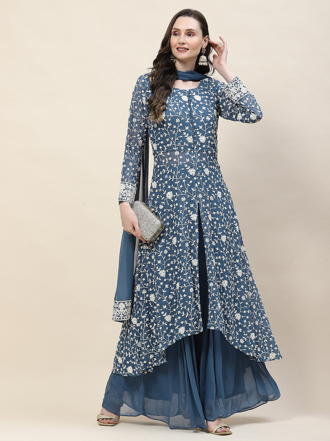 Resham Embroidery Georgette Kurta With Sharara &amp; Dupatta