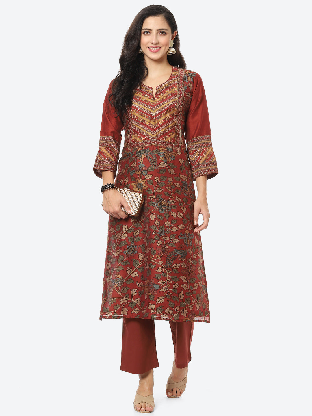 Floral Printed Chanderi Kurti With Pant