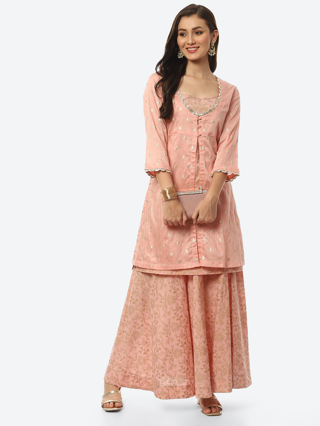 Printed Chanderi Kurta With Skirt &amp; Jacket