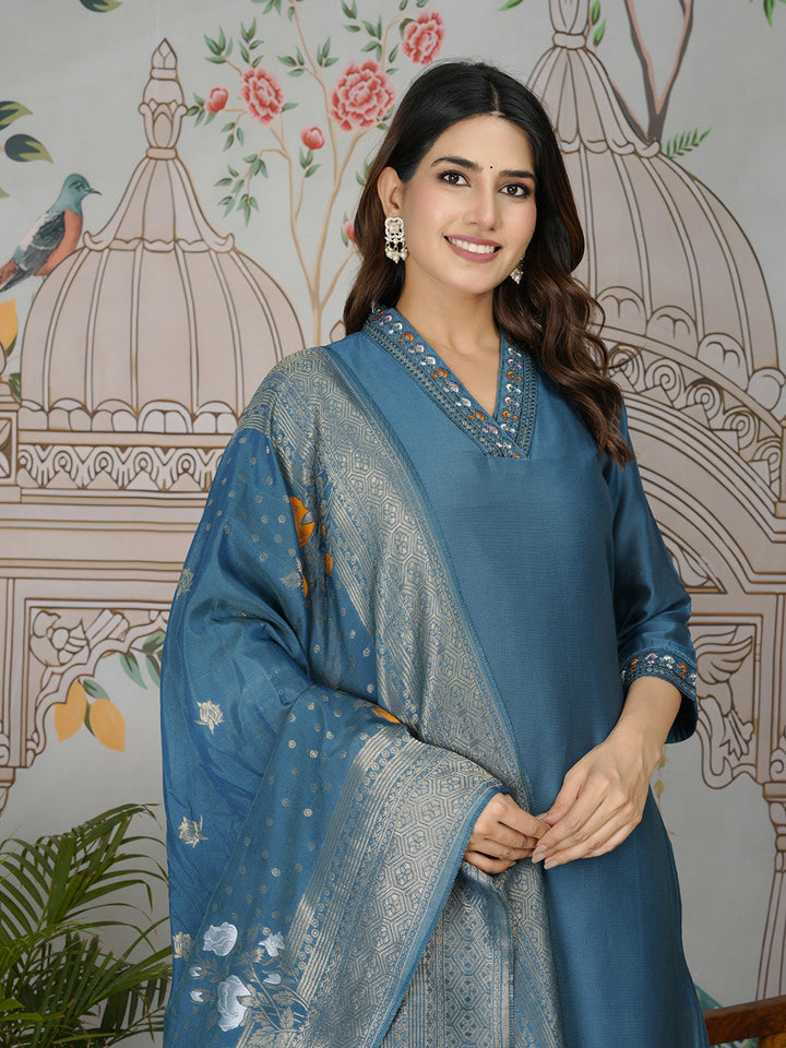 Embroidered Tissue Kurta With Pants &amp; Dupatta