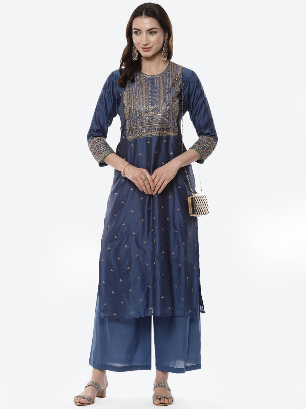 Zari Work Embroidered Chanderi Kurti With Palazzo