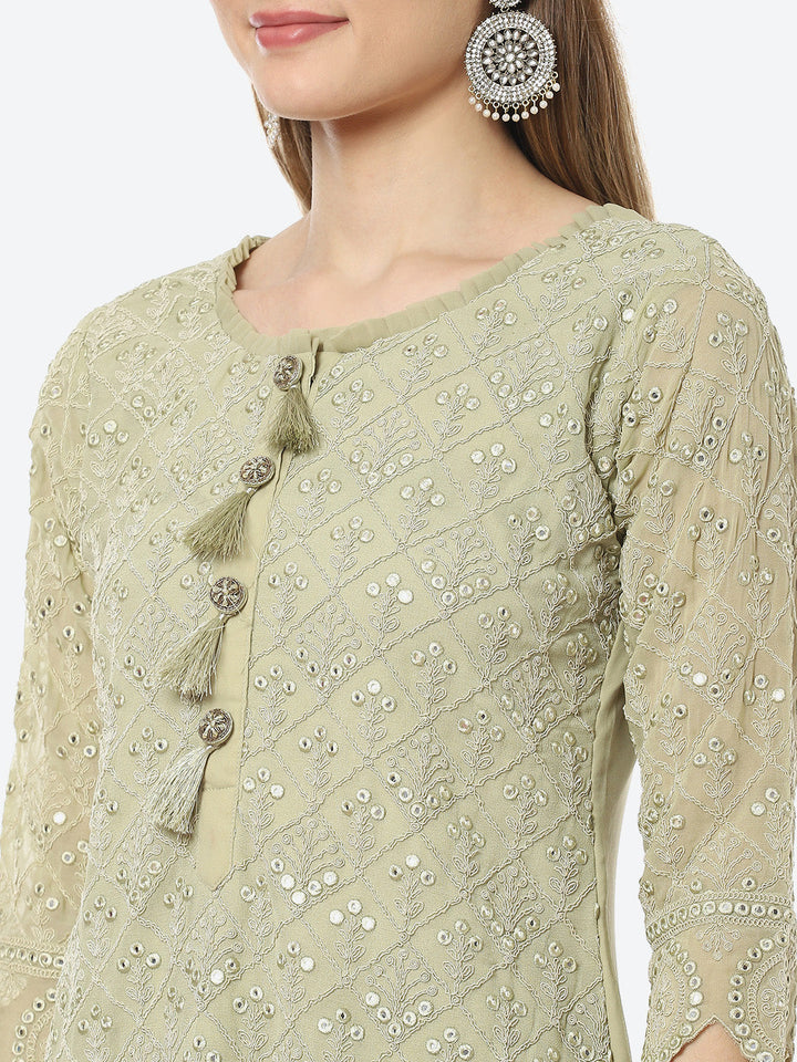 Resham Jaal Georgette Kurta With Garara &amp; Chiffon Dupatta