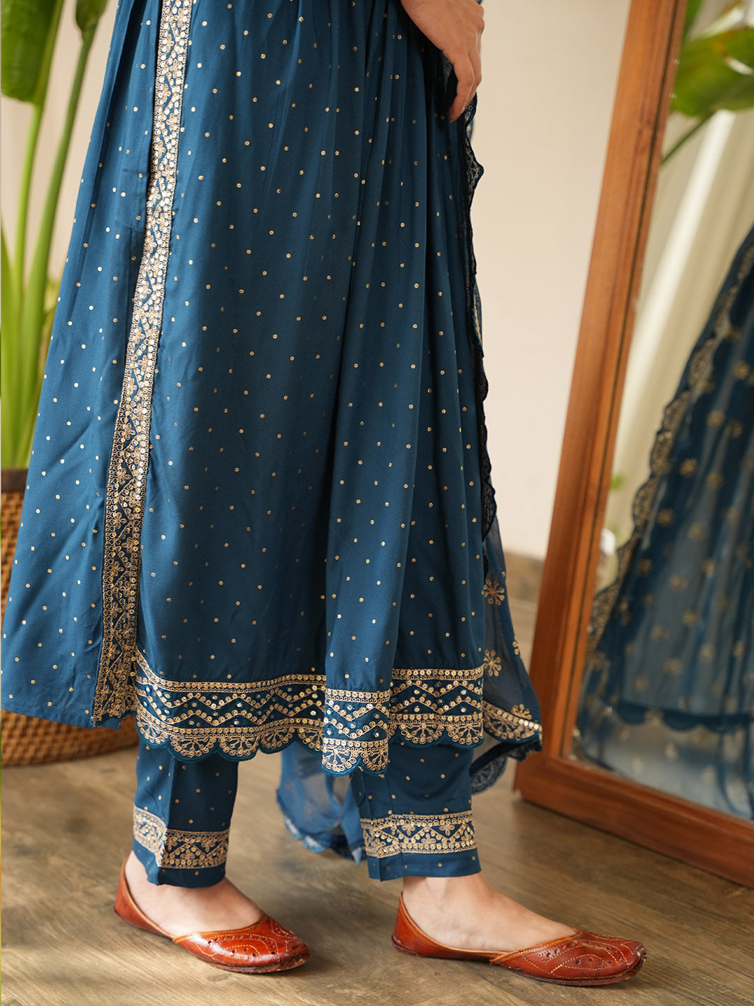 Sequin Embroidered Cotton Kurta With Pants &amp; Dupatta