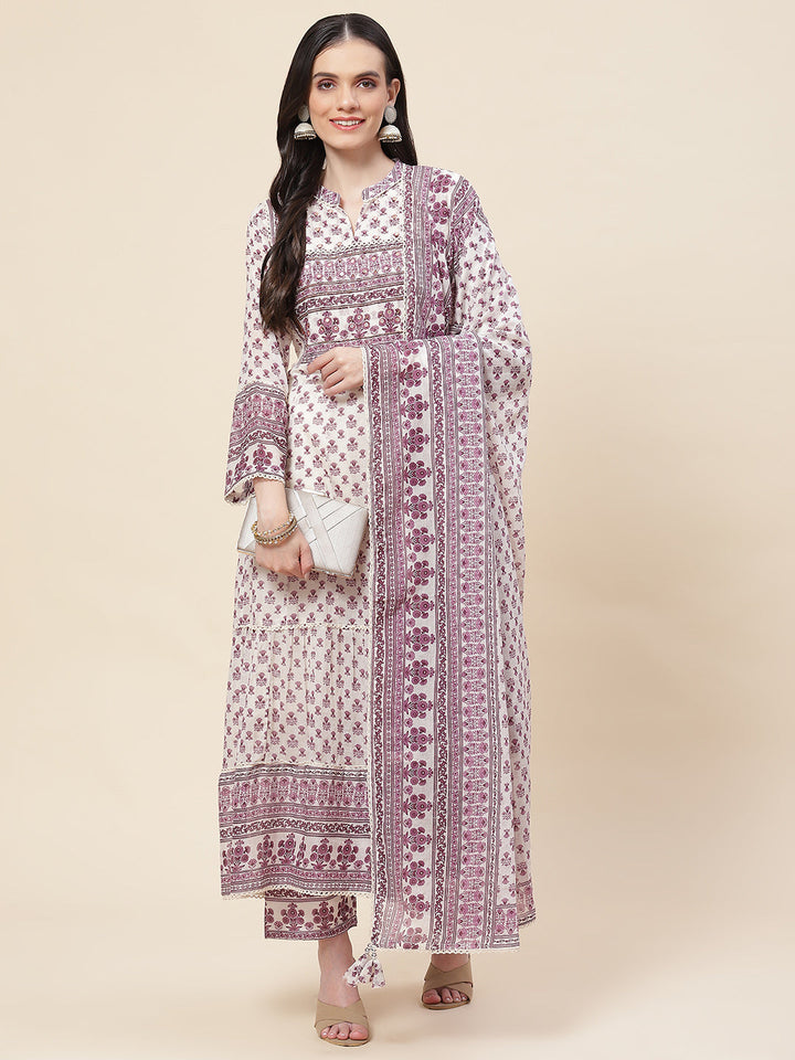 Floral Printed Cotton Kurta With Pants &amp; Dupatta