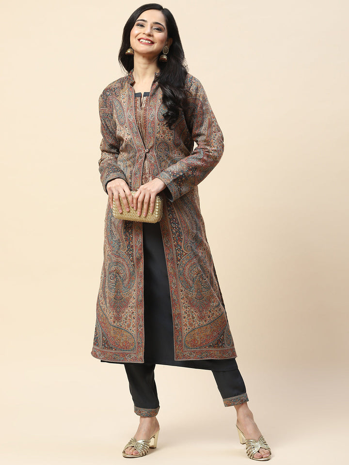 Resham Jaal Woven Pashmina Kurta With Pants &amp; Jacket