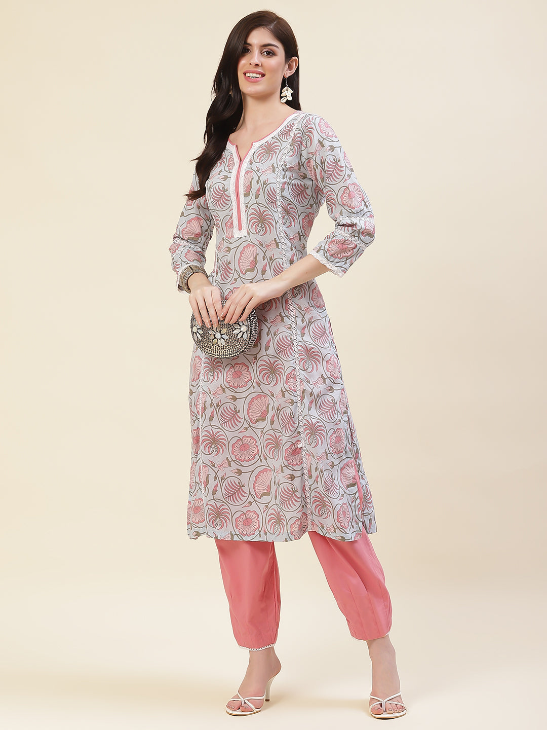 Floral Printed Cotton Kurta With Pants