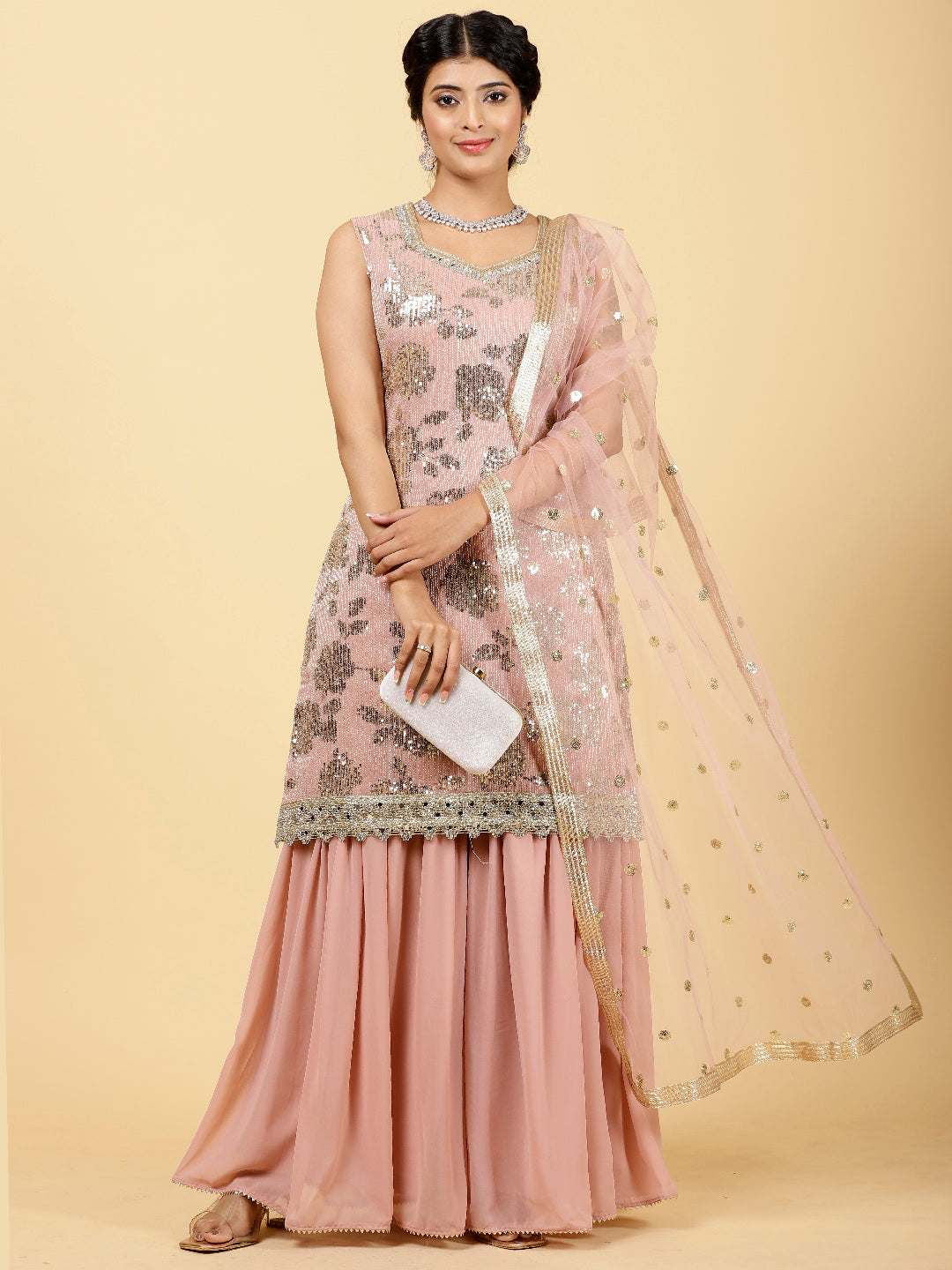 Sequin Georgette Kurta With Garara &amp; Dupatta