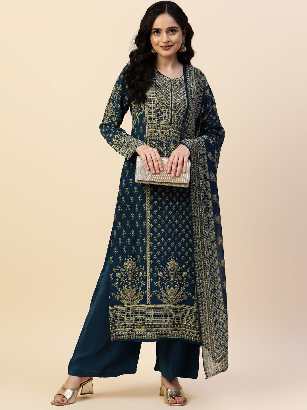 Digital Printed Crepe Kurta With Palazzo &amp; Dupatta