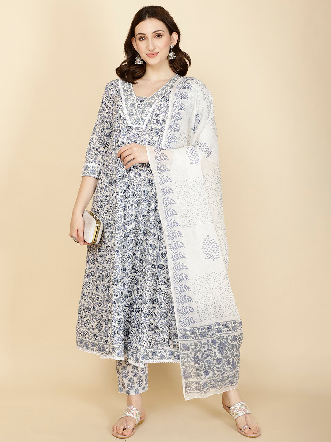 Floral Printed Cotton Kurta With Pants &amp; Dupatta