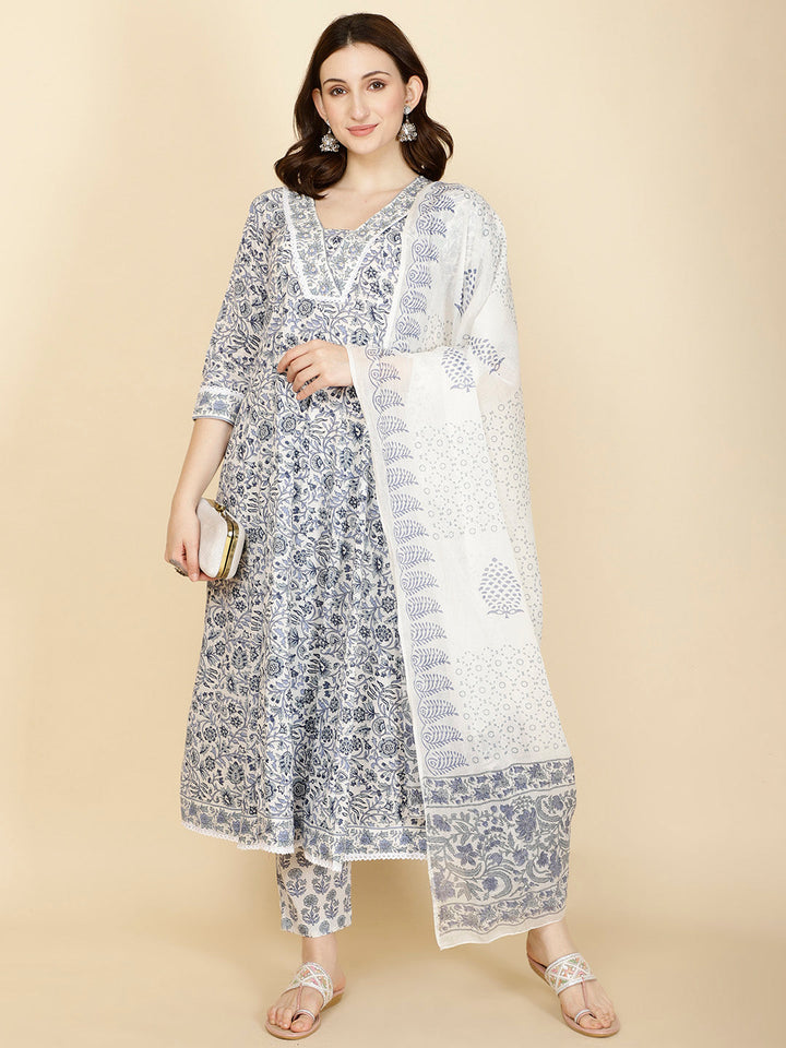 Floral Printed Cotton Kurta With Pants &amp; Dupatta