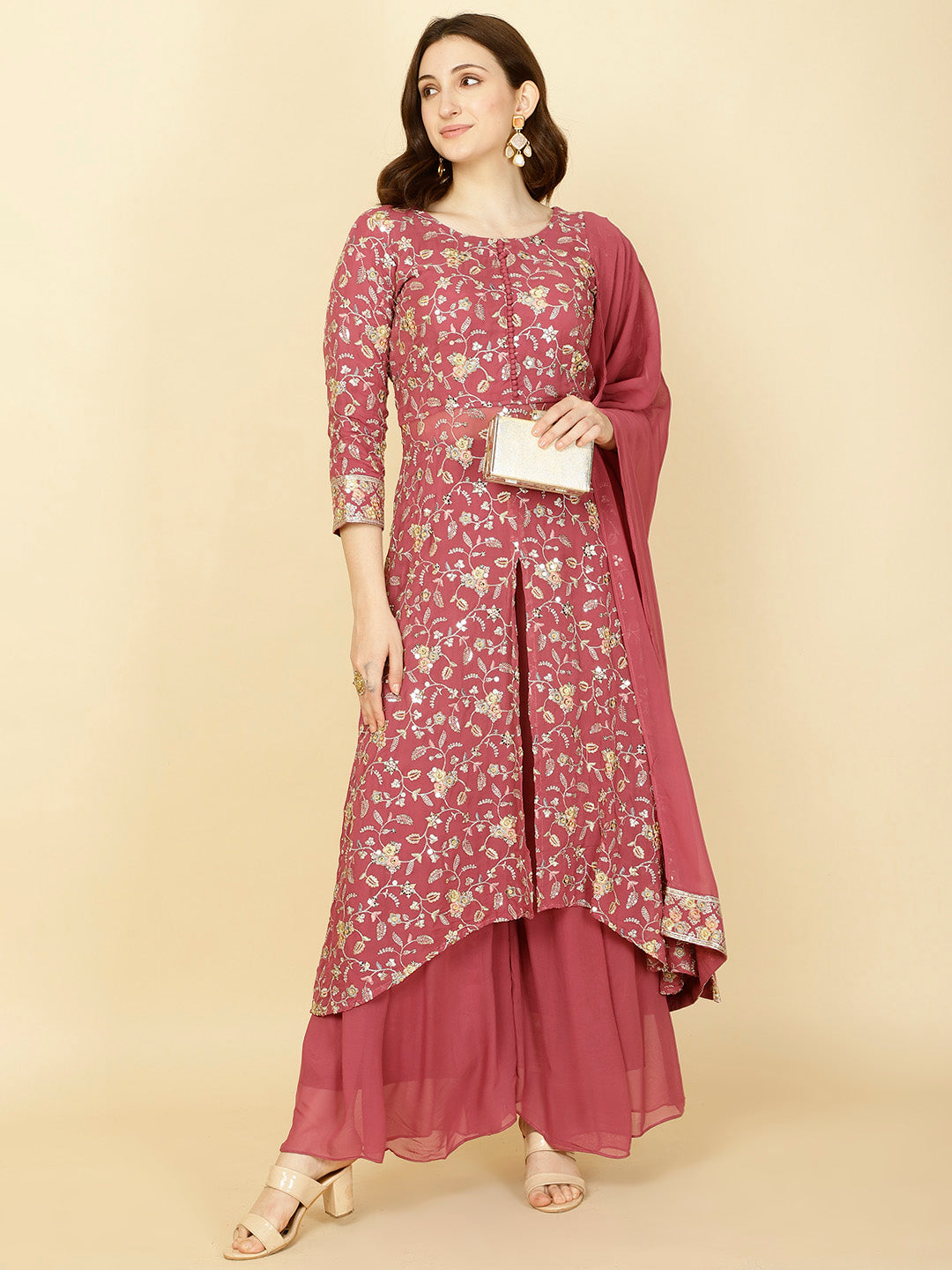 Resham Sequin Embroidery Georgette Kurta With Sharara &amp; Dupatta