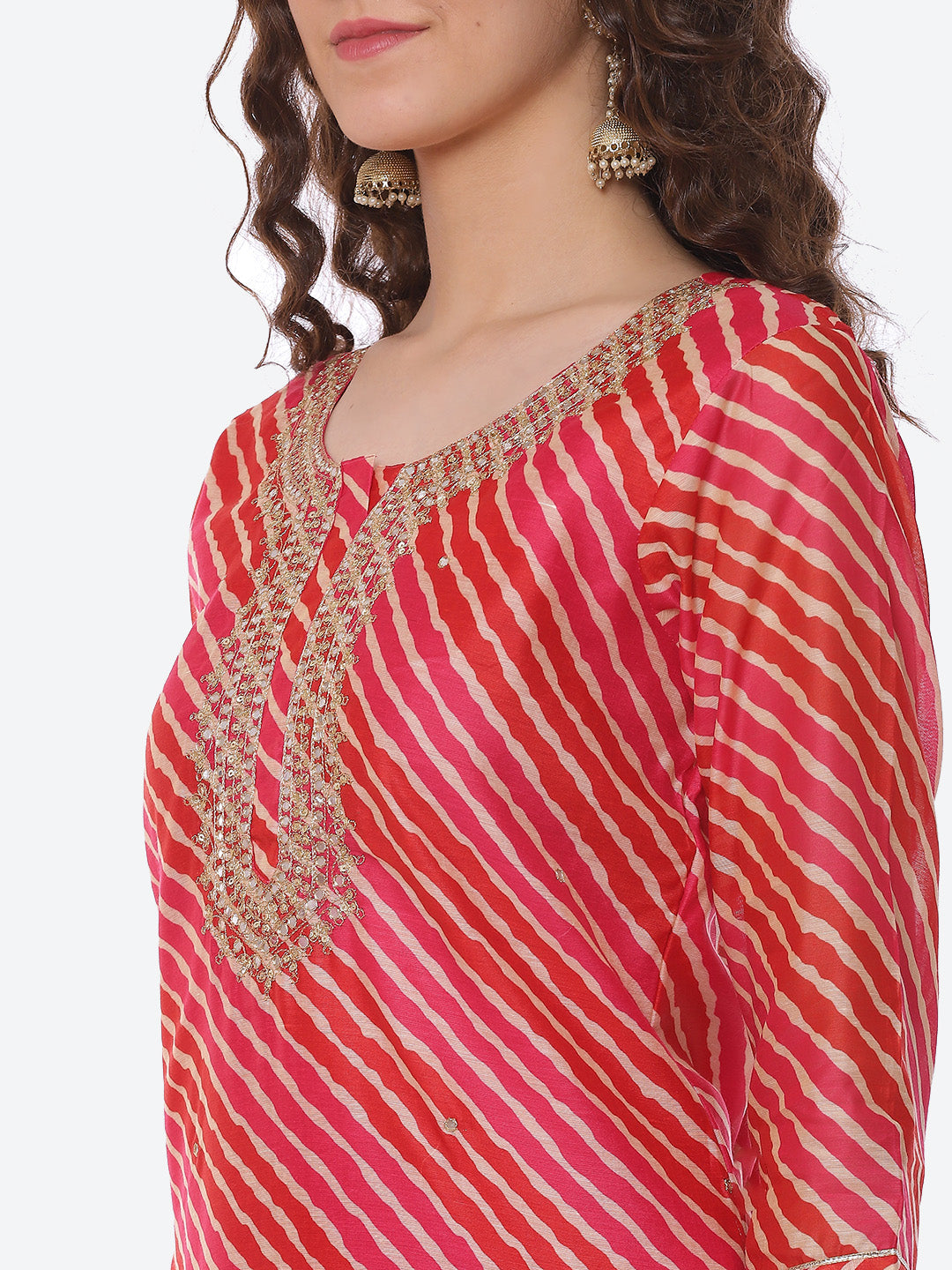 Leheriya Gota Work Chanderi Kurta With Pant &amp; Dupatta
