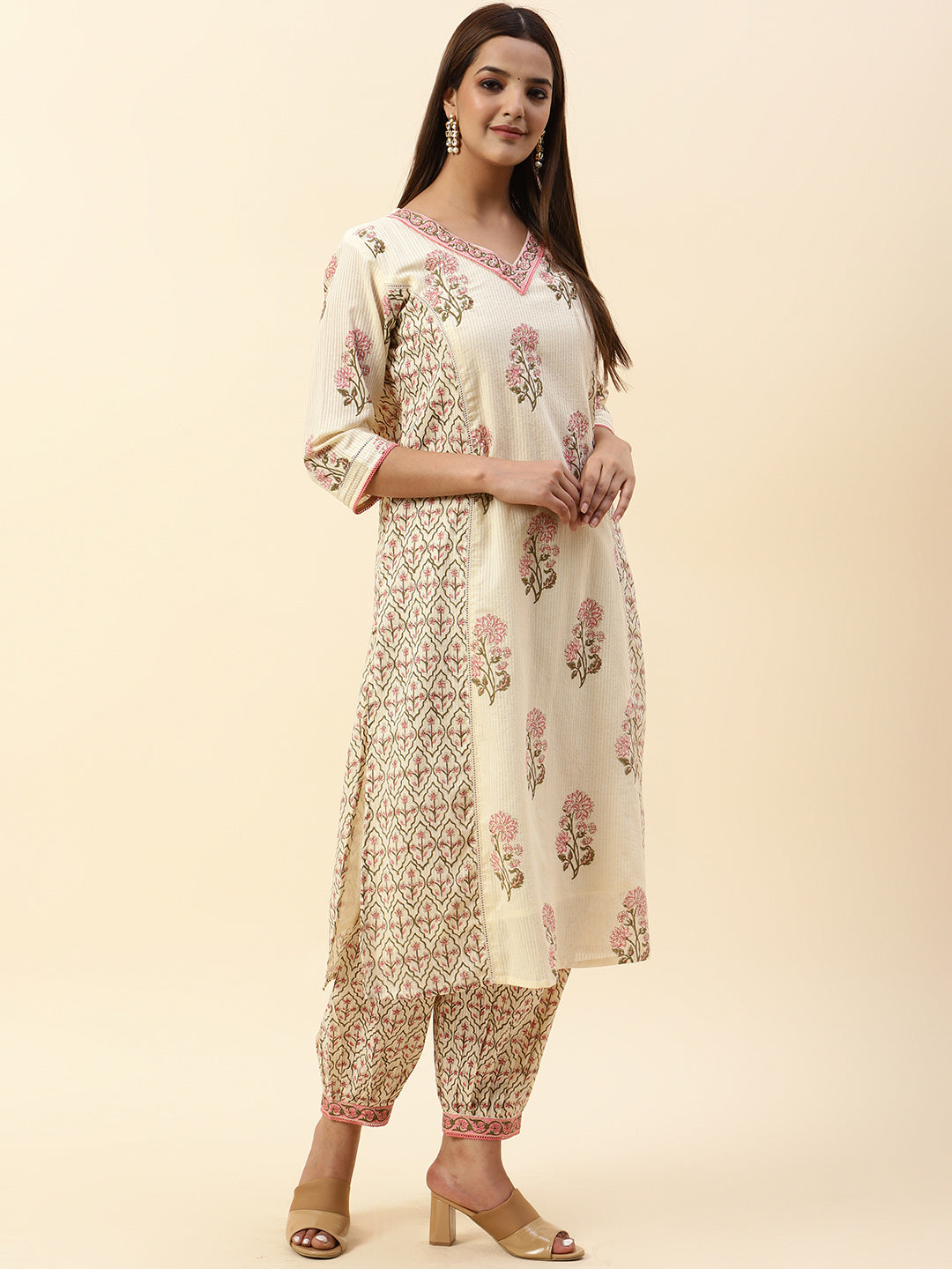 Printed Cotton Kurta With Pants &amp; Dupatta