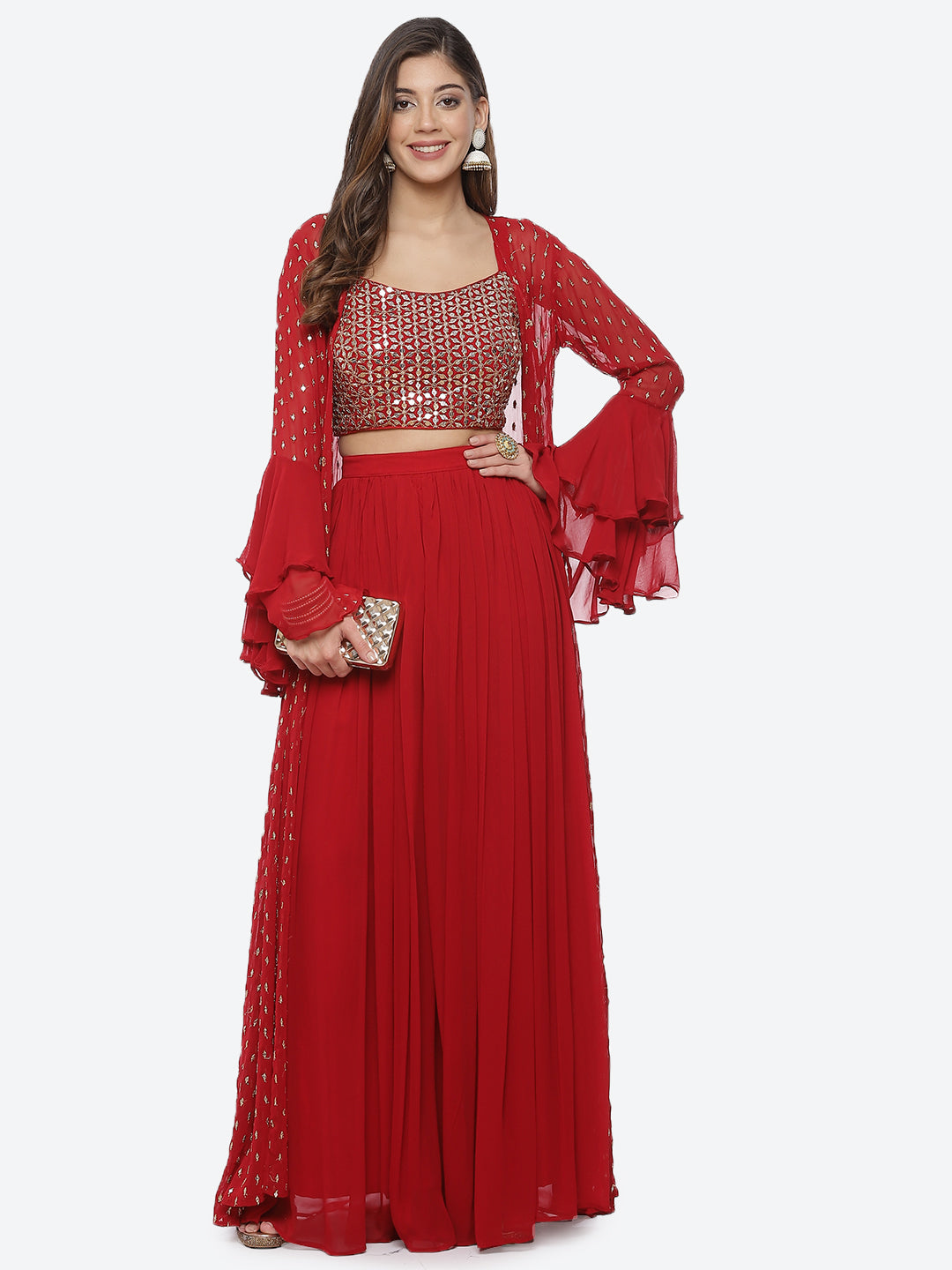 Mirror Work Georgette Crop Top With Palazzo &amp; Jacket