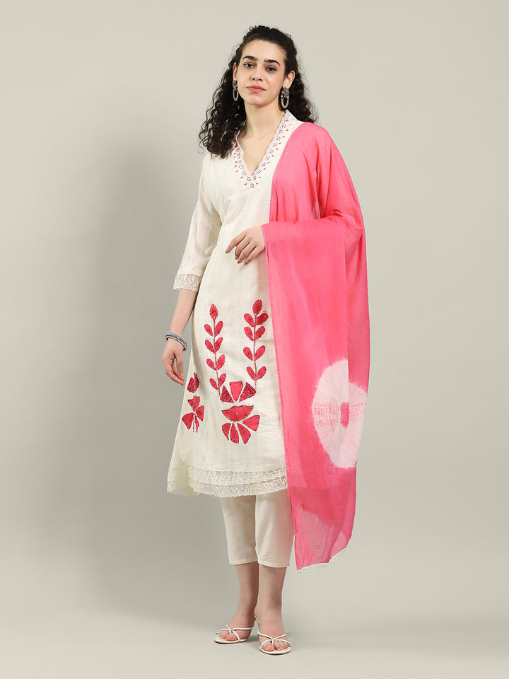 Neck Embroidered Cotton Blend Kurta With Pants &amp; Dupatta