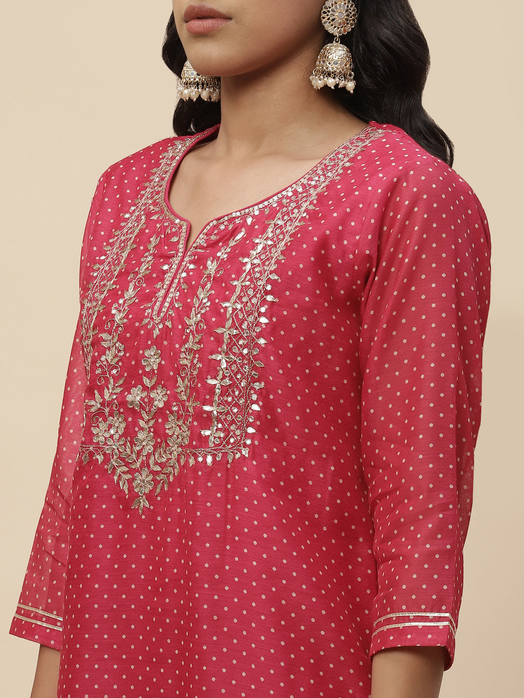 Zari Neck Embroidered Chanderi Kurta With Pants &amp; Dupatta