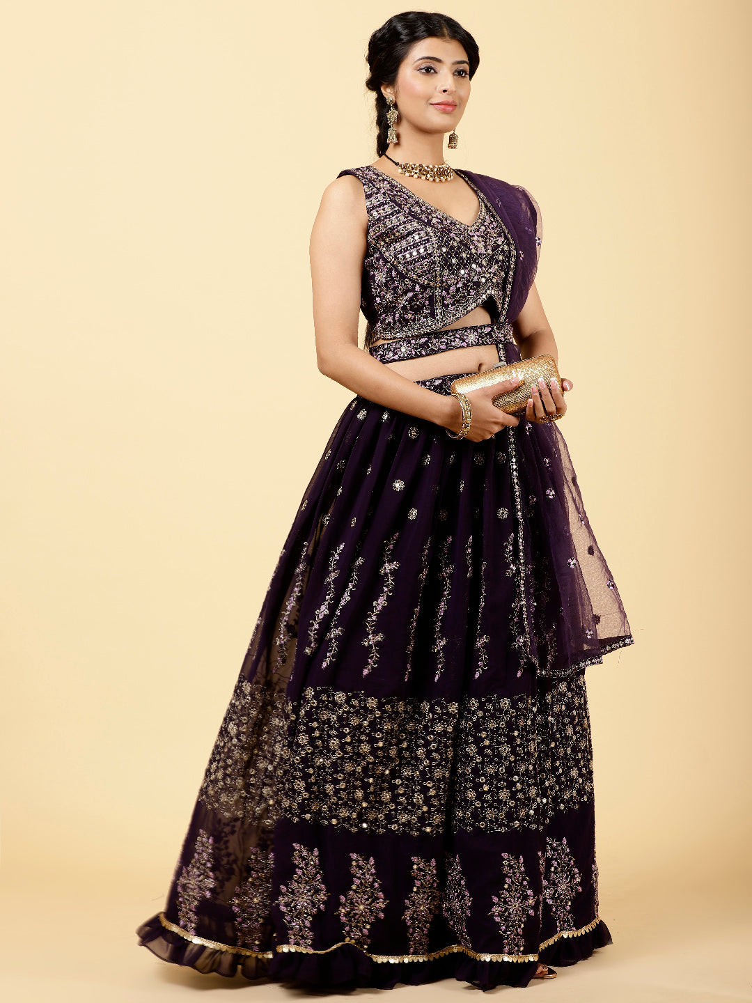 Zari Embroidered Georgette Choli With Lehenga &amp; Dupatta