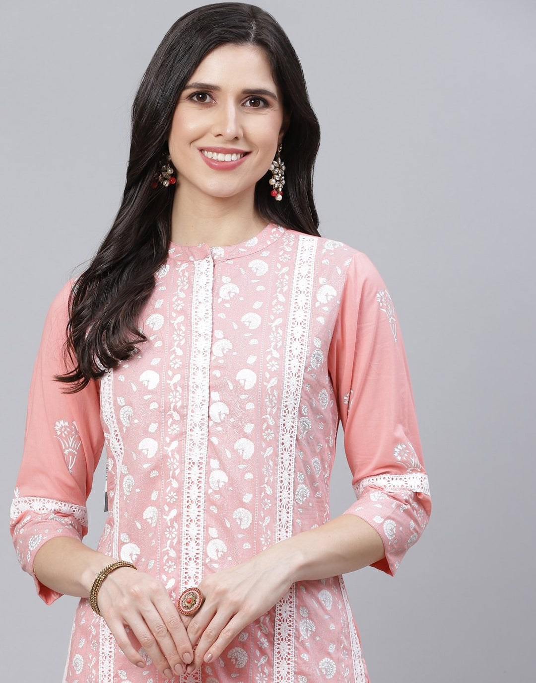 Printed Cotton Kurti Pant Set with Lace Detail