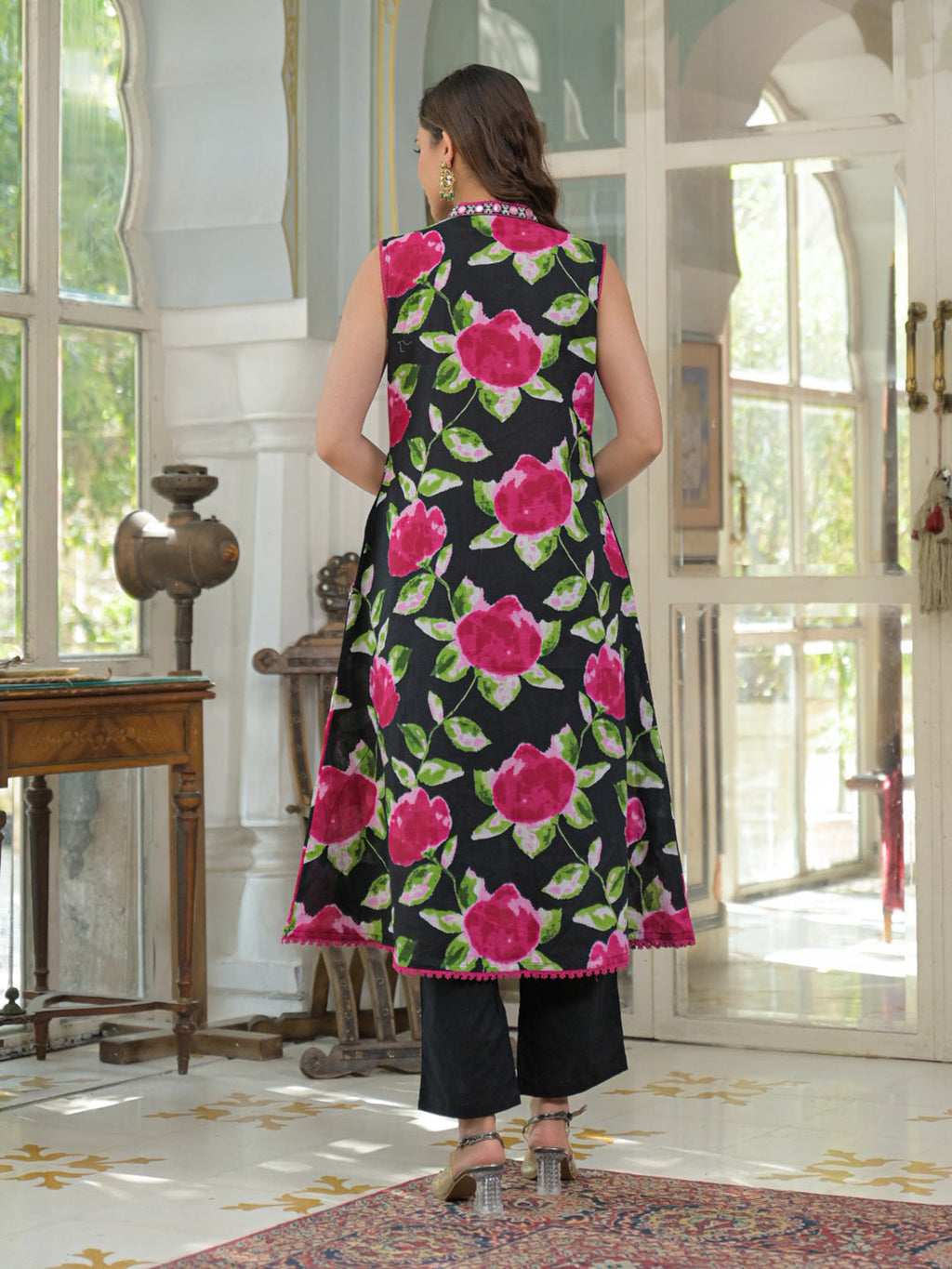 Black Cotton Blend Printed Straight Suit Set