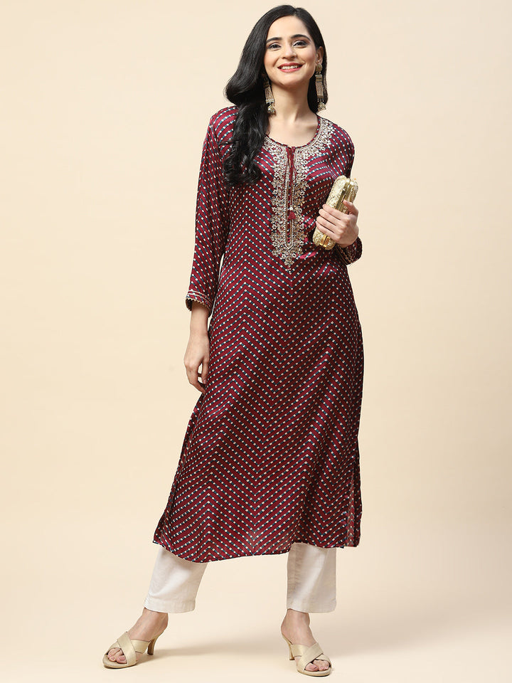Printed With Yoke Embroidered Satin Kurta