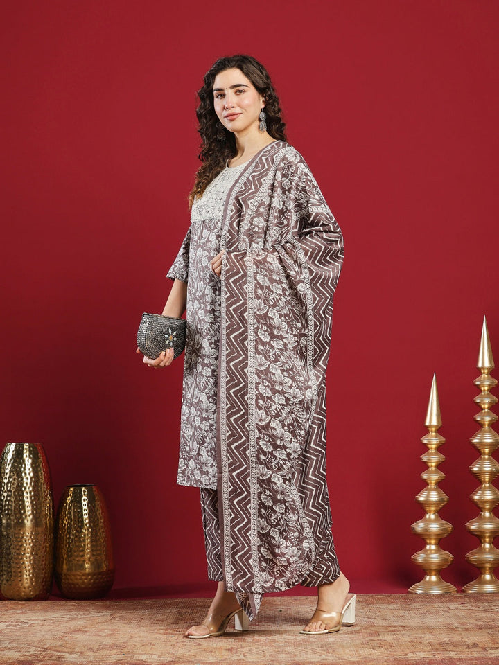 Printed Cotton Kurta With Pant &amp; Dupatta