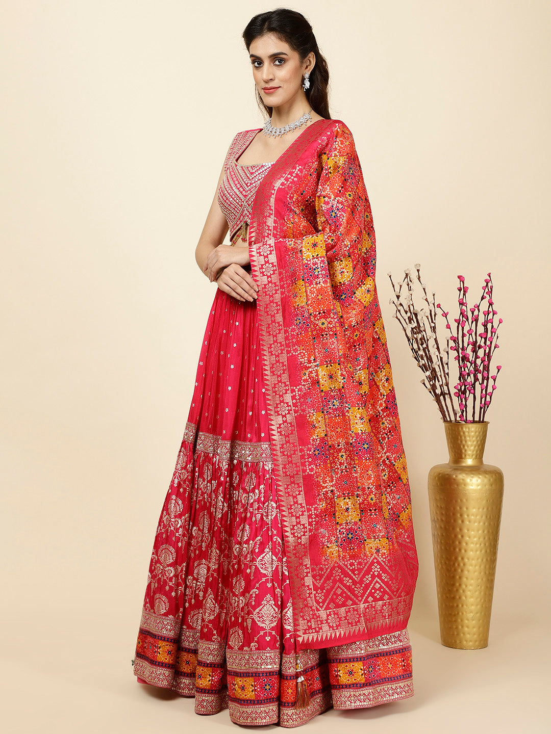 Embroidered Banarsi Choli With Lehenga &amp; Dupatta