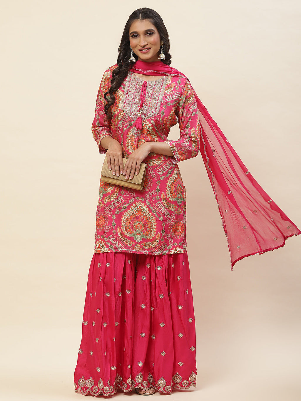 Floral Printed Cotton Kurta With Sharara & Dupatta