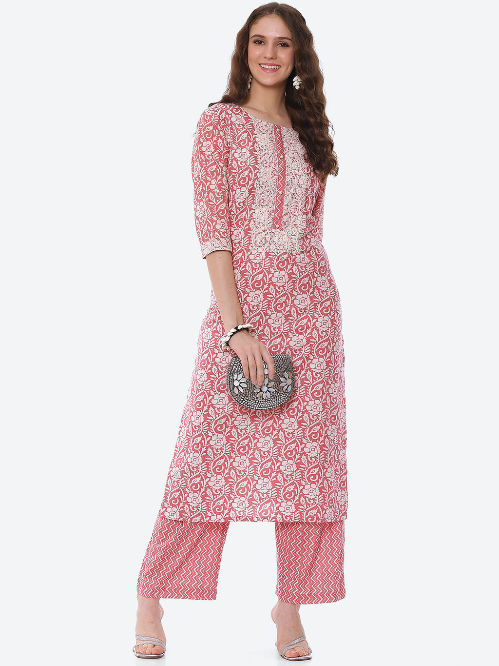 Neck Embroidered Printed Cotton Kurta With Palazzo