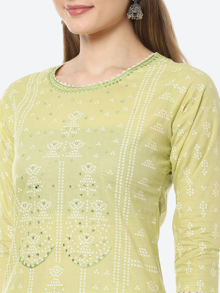 Bandhani Mirror Work Cotton Kurta With Pant &amp; Cotton Dupatta