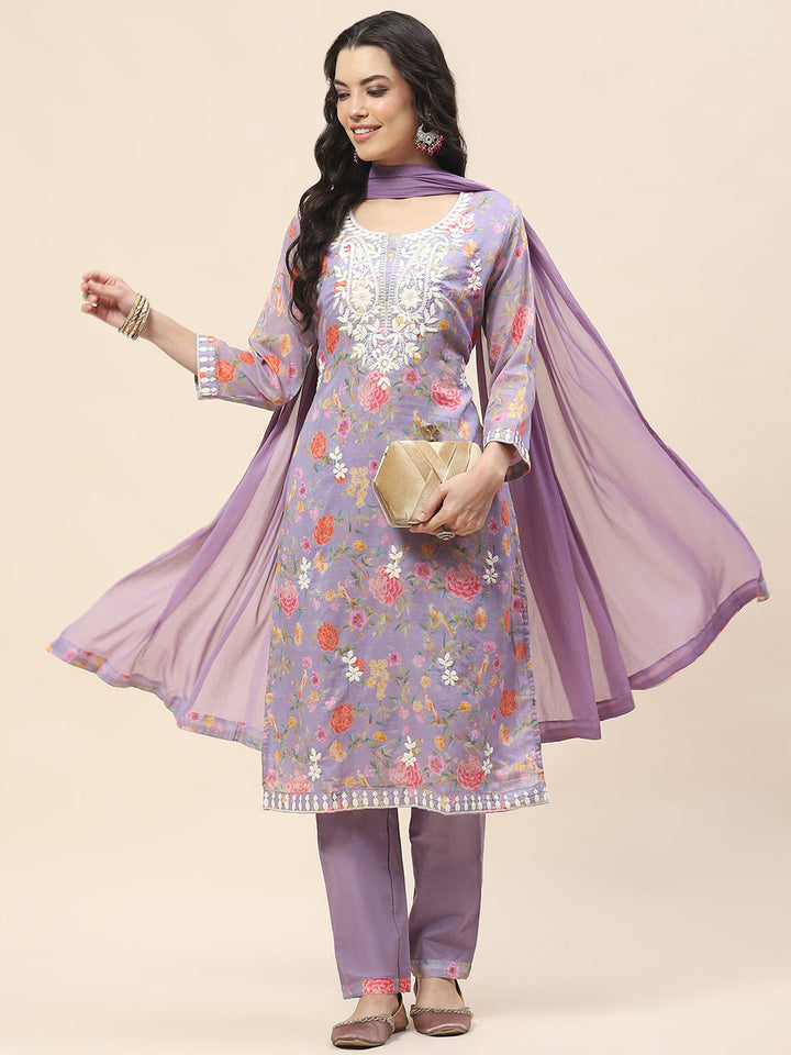 Printed Cotton Kurta With Pants &amp; Dupatta