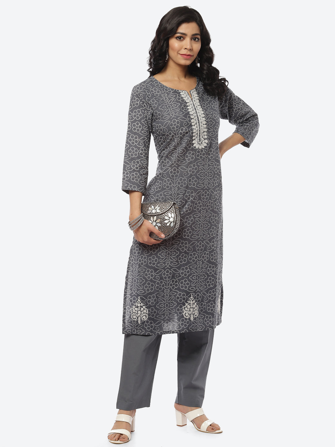 Printed Zari Neck Cotton Kurti With Pant