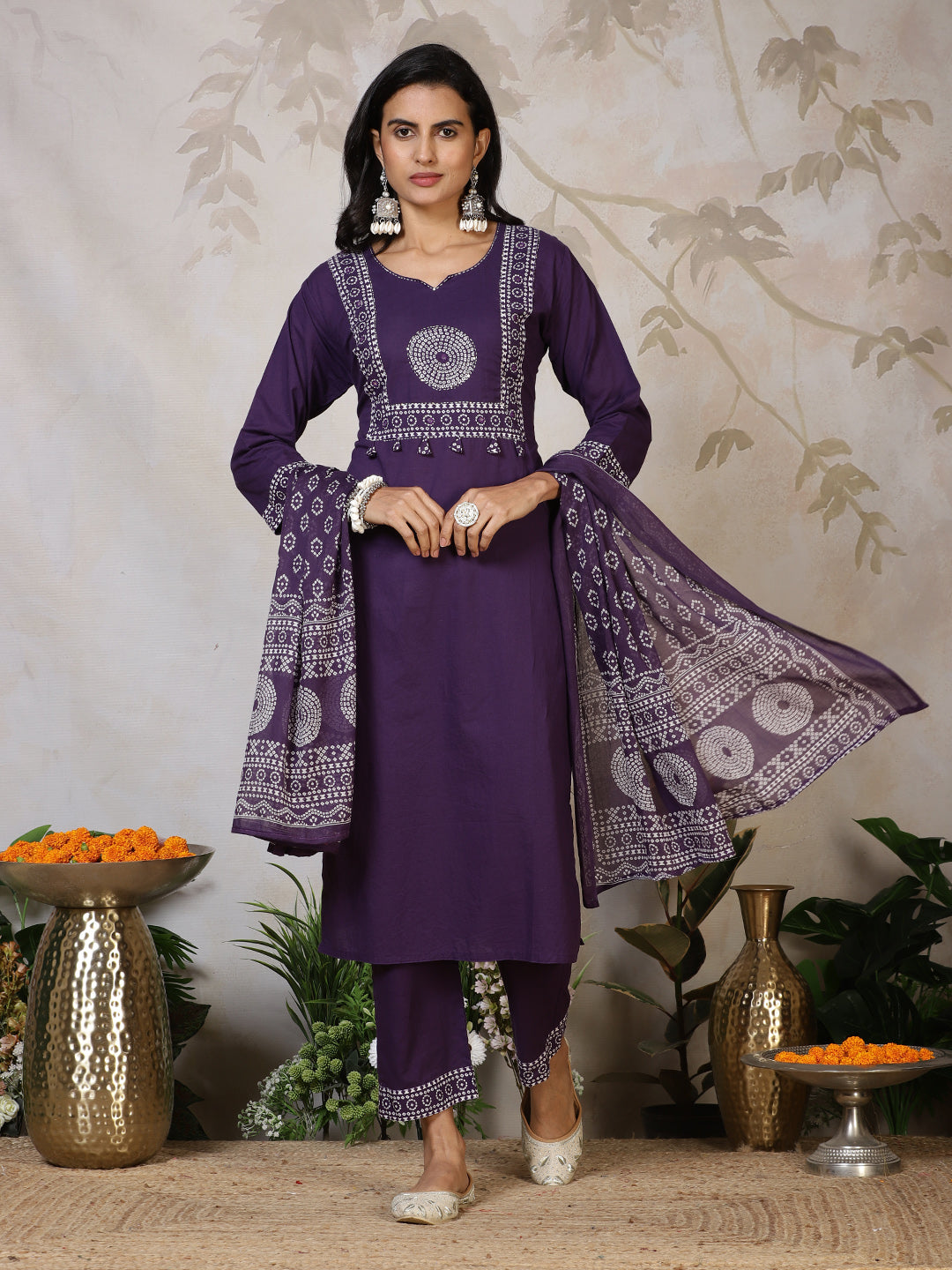 Printed Cotton Blend Kurta With Pants &amp; Dupatta