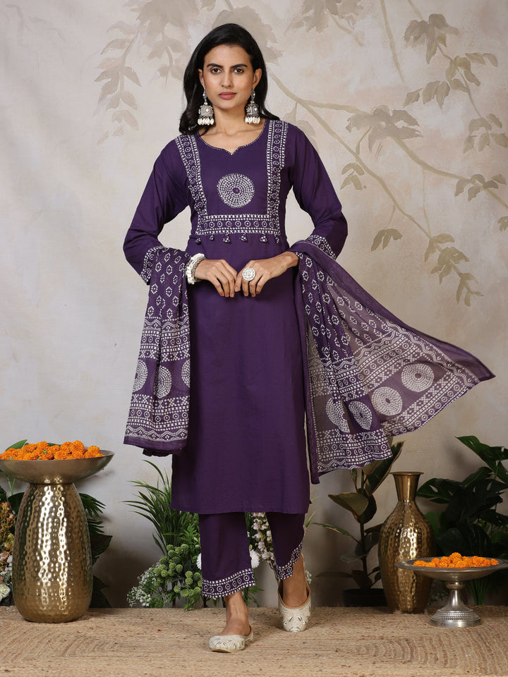 Printed Cotton Blend Kurta With Pants &amp; Dupatta