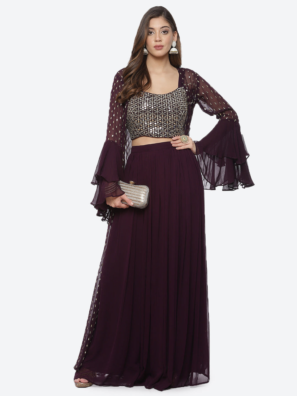 Mirror Work Georgette Crop Top With Palazzo & Jacket