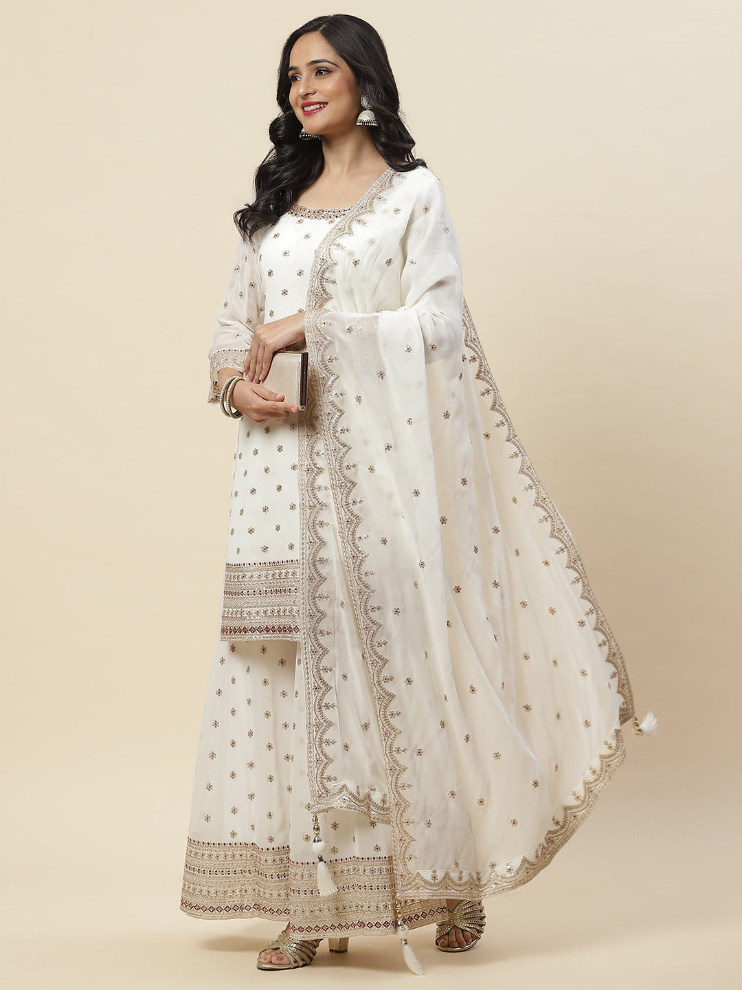 Zari Embroidered Georgette Kurti With Sharara &amp; Dupatta
