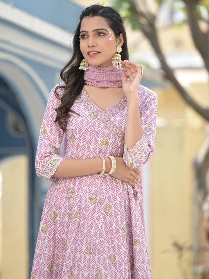 Printed Cotton Kurta With Pants &amp; Dupatta