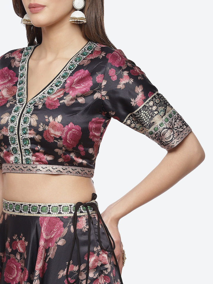 Floral Printed Satin Choli With Lehenga &amp; Net Dupatta