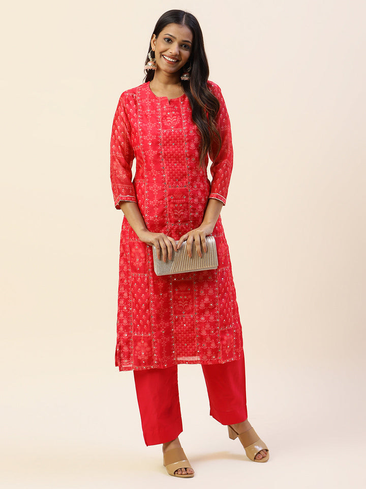 Printed Chanderi Kurta With Pants