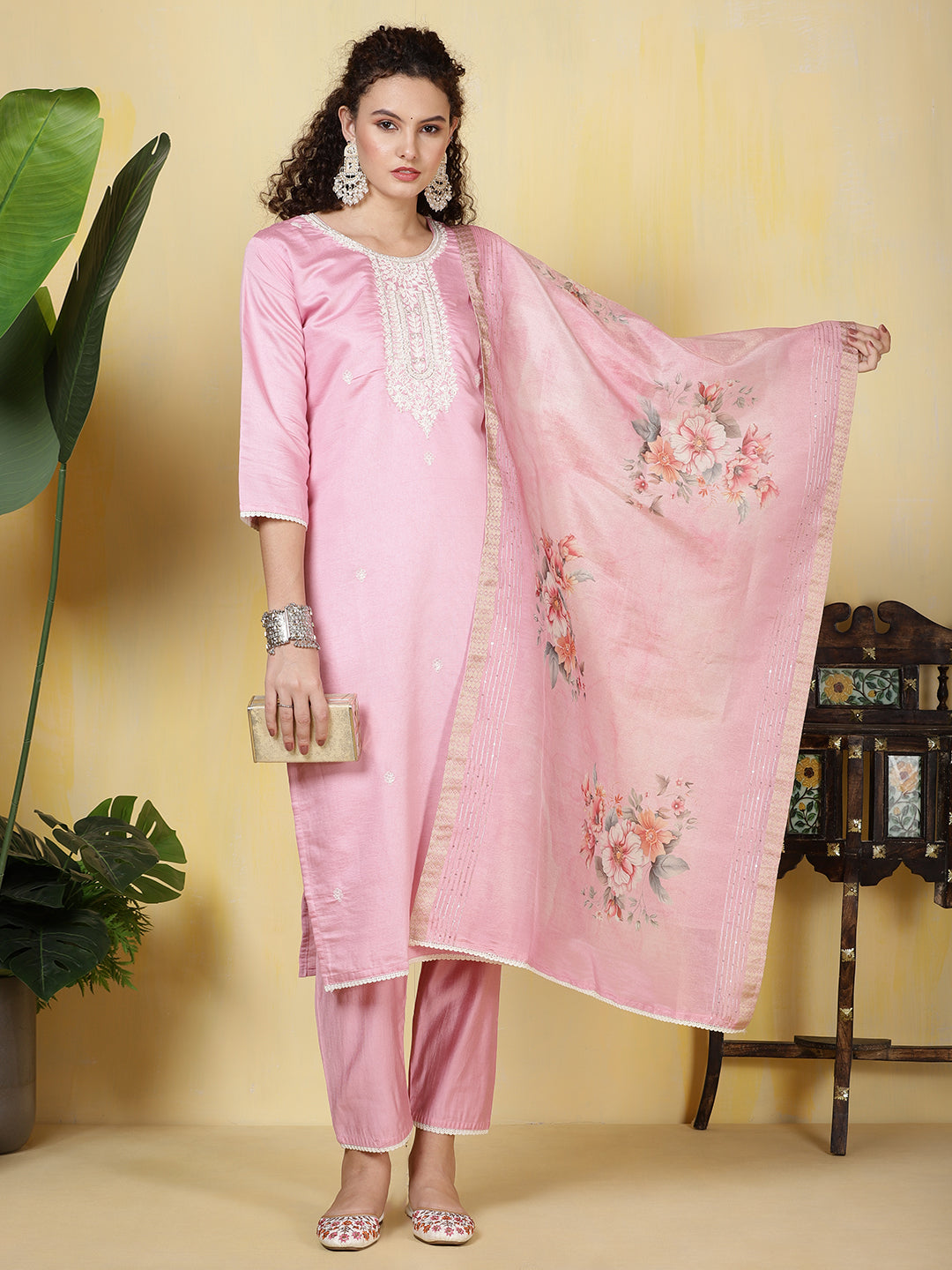 Neck Embroidered Cotton Blend Kurta With Pants &amp; Dupatta