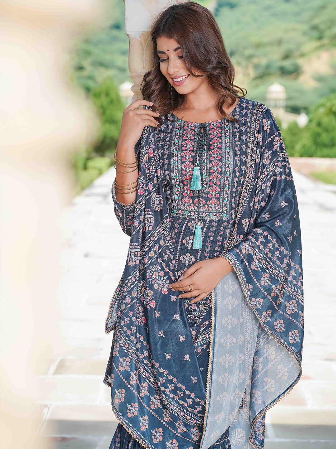 Floral Printed Crepe Kurta With Garara &amp; Silk Dupatta