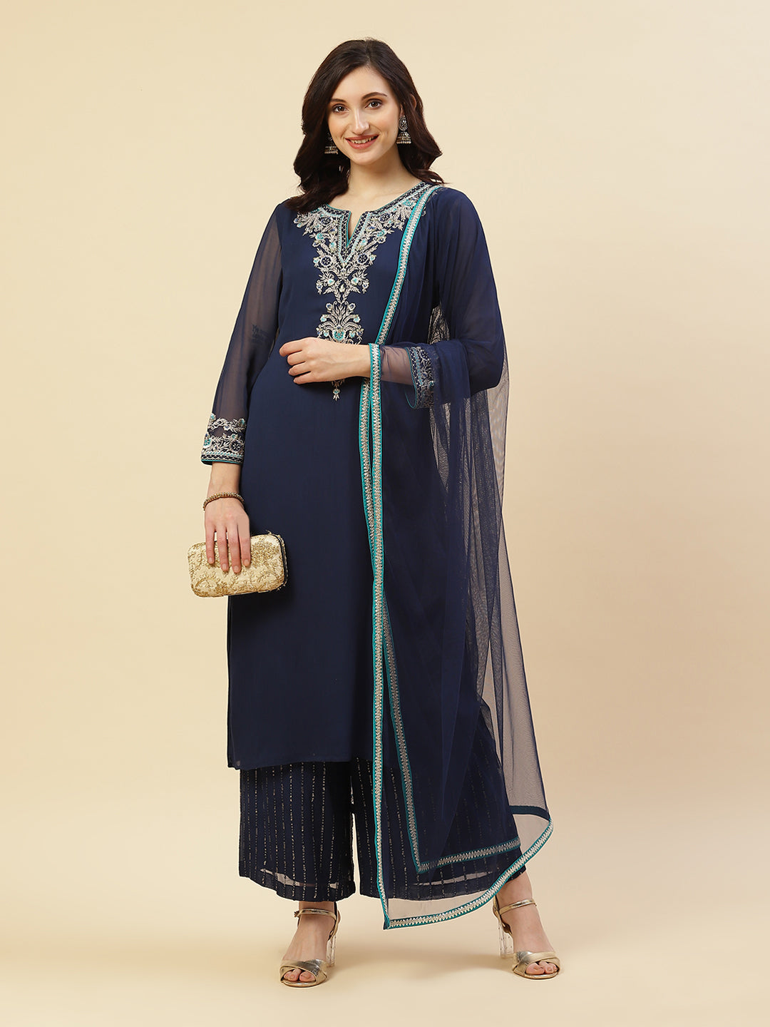 Embroidered Georgette Kurti With Palazzo And Dupatta