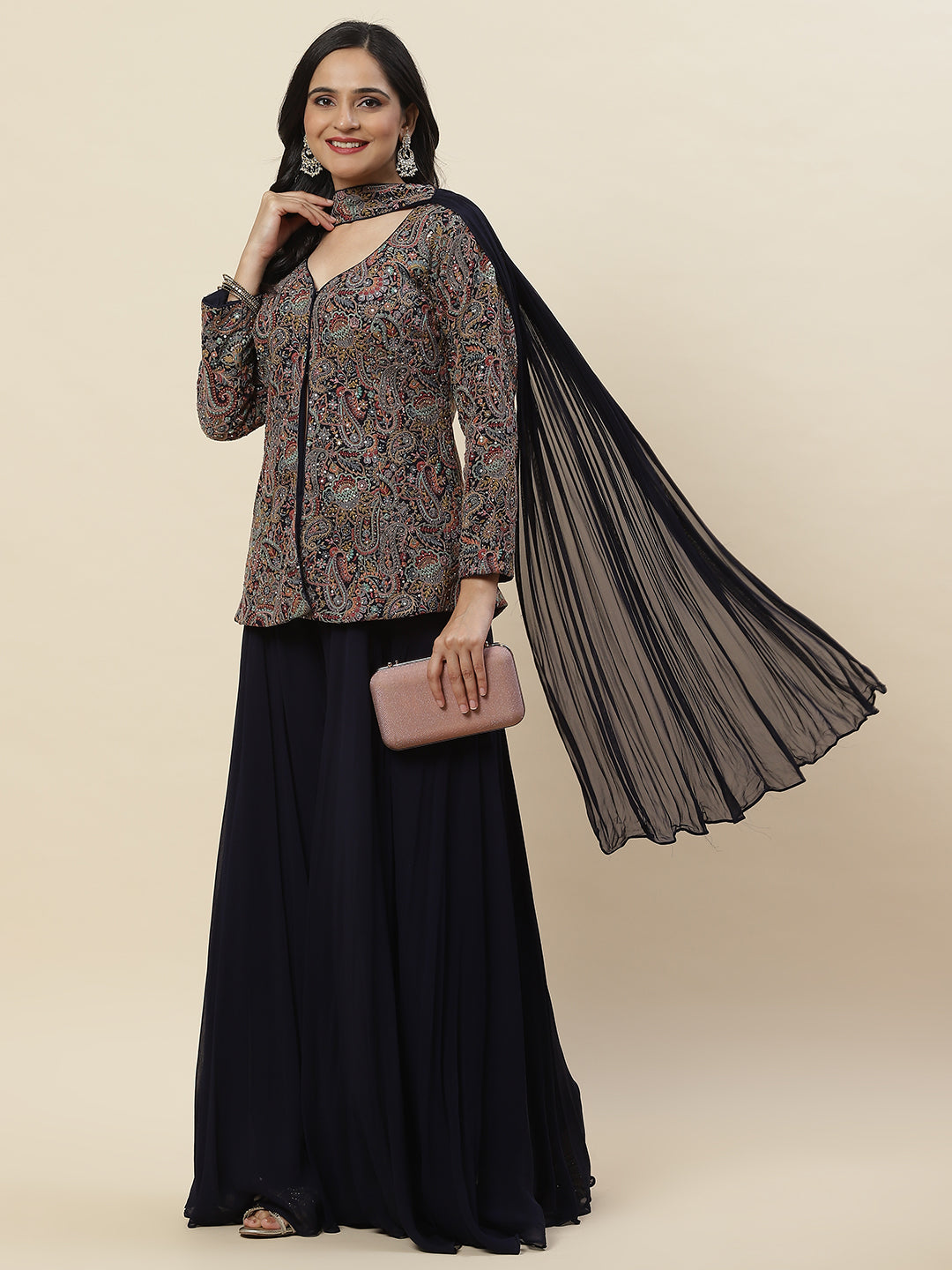 Embroidered Georgette Jacket Style Top With Palazzo &amp; dupatta