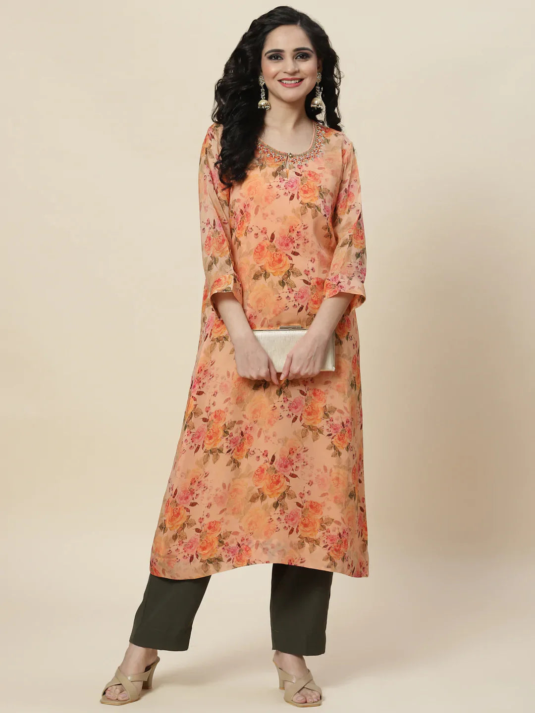 Floral Printed Organza Kurta With Palazzo &amp; Inner