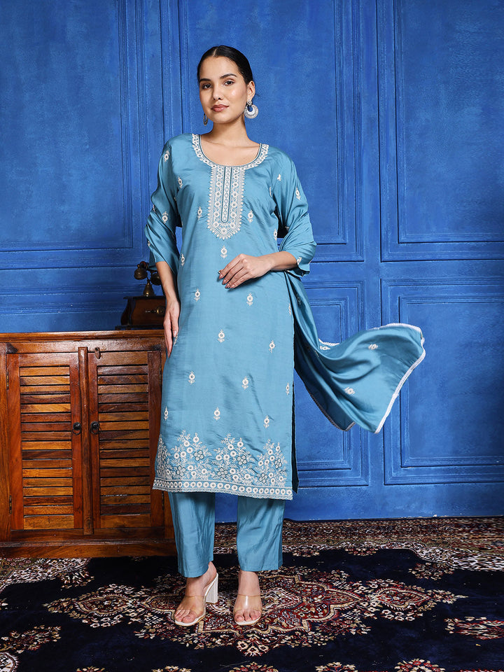 Printed Cotton Blend Kurta With Pants &amp; Dupatta