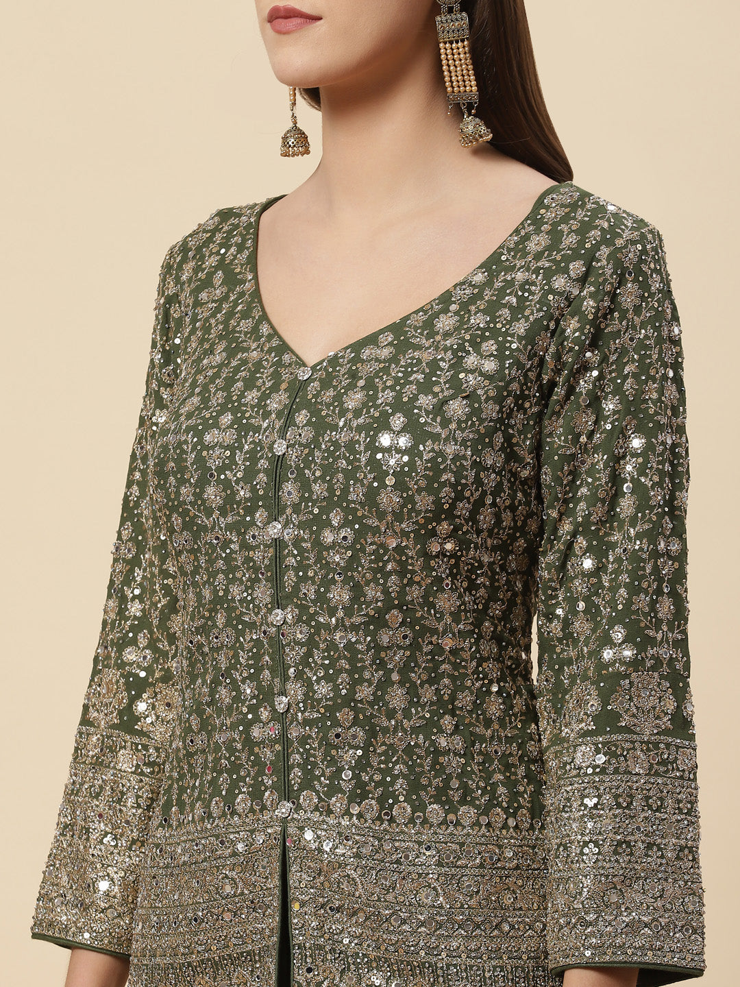 Sequin Resham Embroidered Georgette Crop Top With Jacket Garara &amp; Dupatta