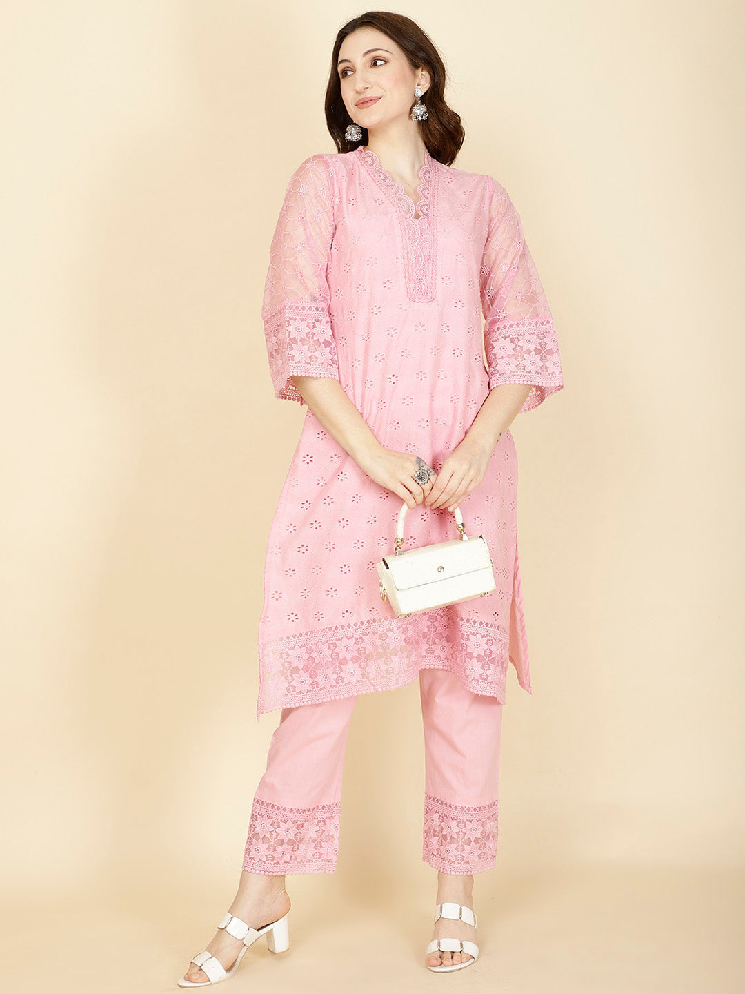 Thread Embroidery Cotton Kurta With Pants