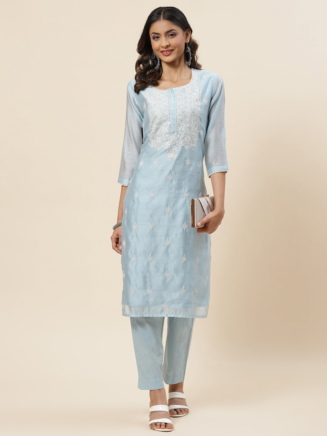 Embroidered Chanderi Kurta With Pants